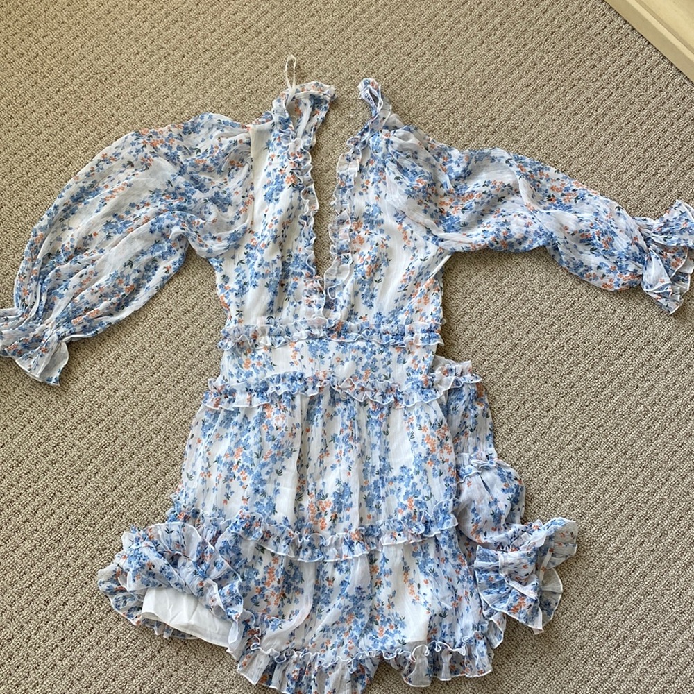 Hello Molly white mini dress with blue/orange floral print. Only worn one time!